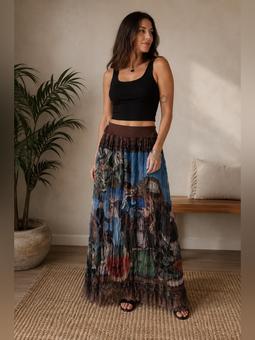 Very Vollbrach Art Print Crinkle Maxi Skirt Boho Artsy - 1X